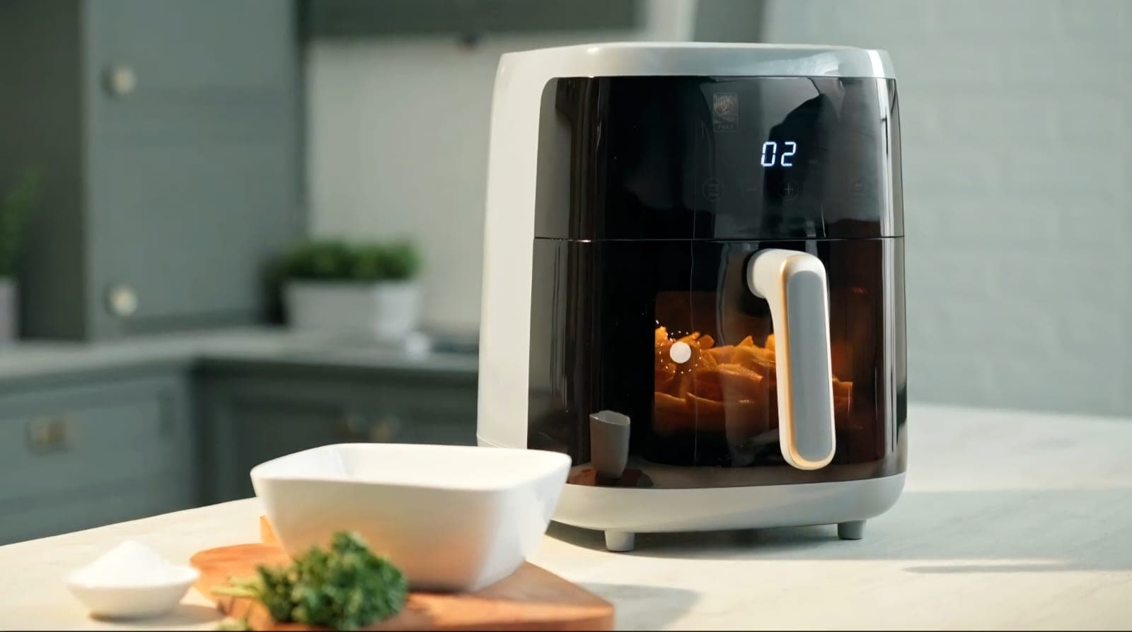 Air fryer with lit display in warm kitchen light