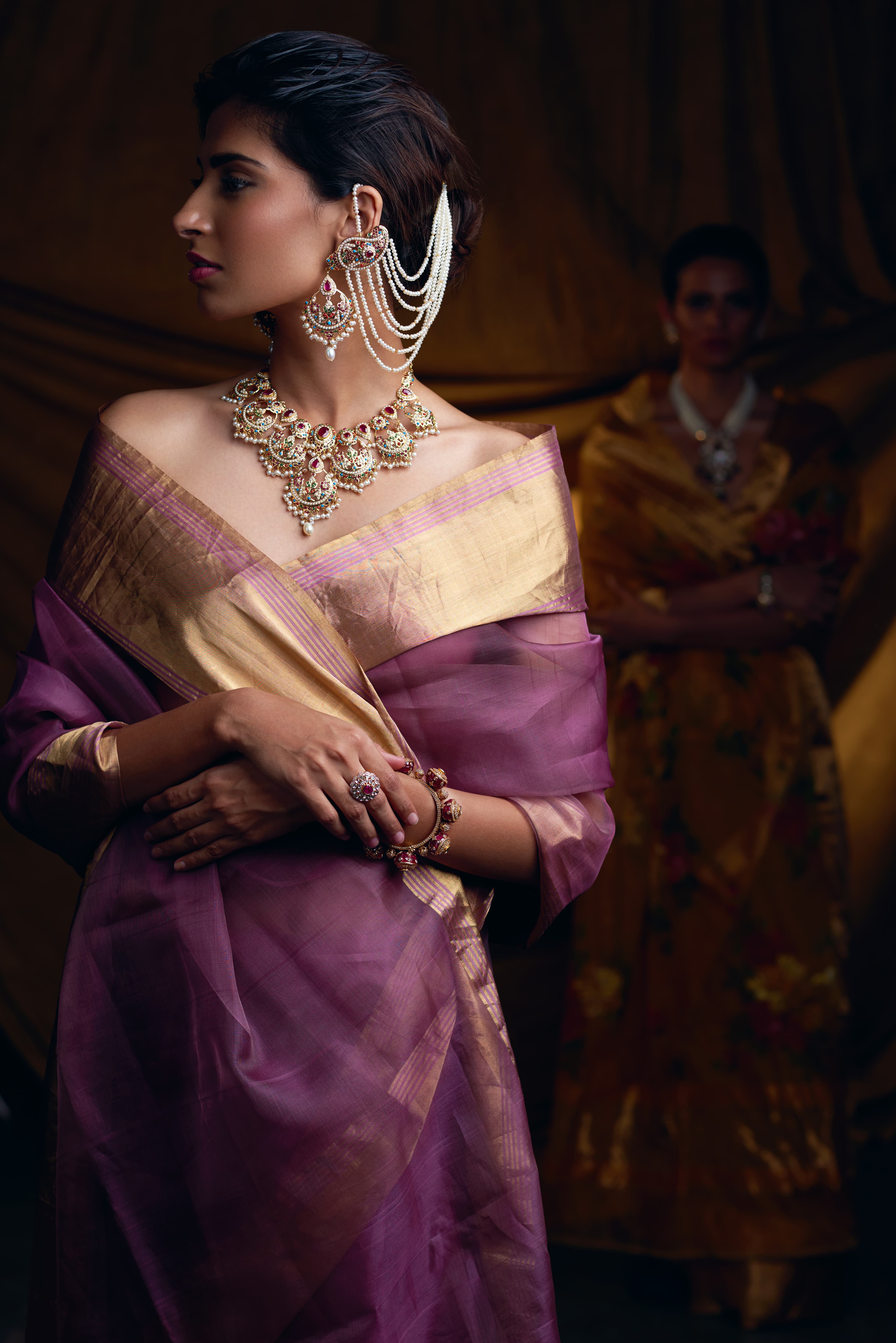 Jewellery campaign profile with kundan necklace and tissue saree