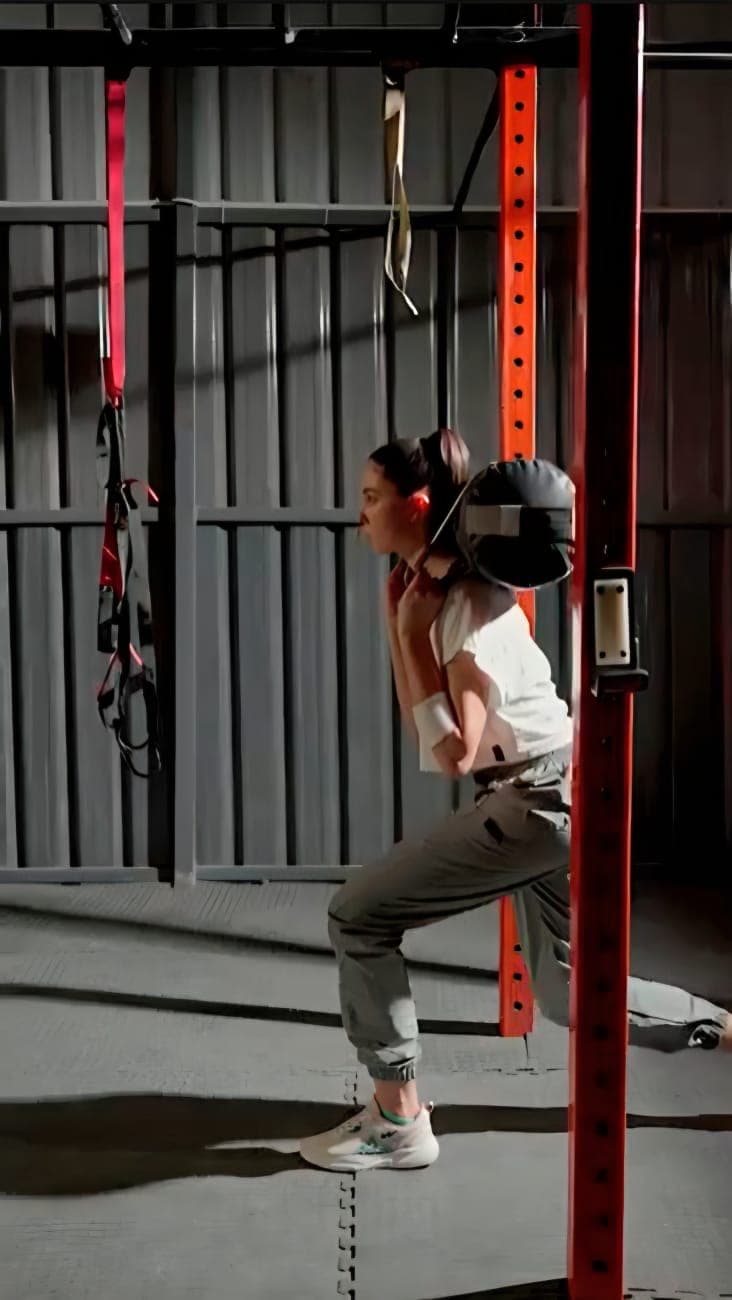 Sandbag squat in a red gym rig