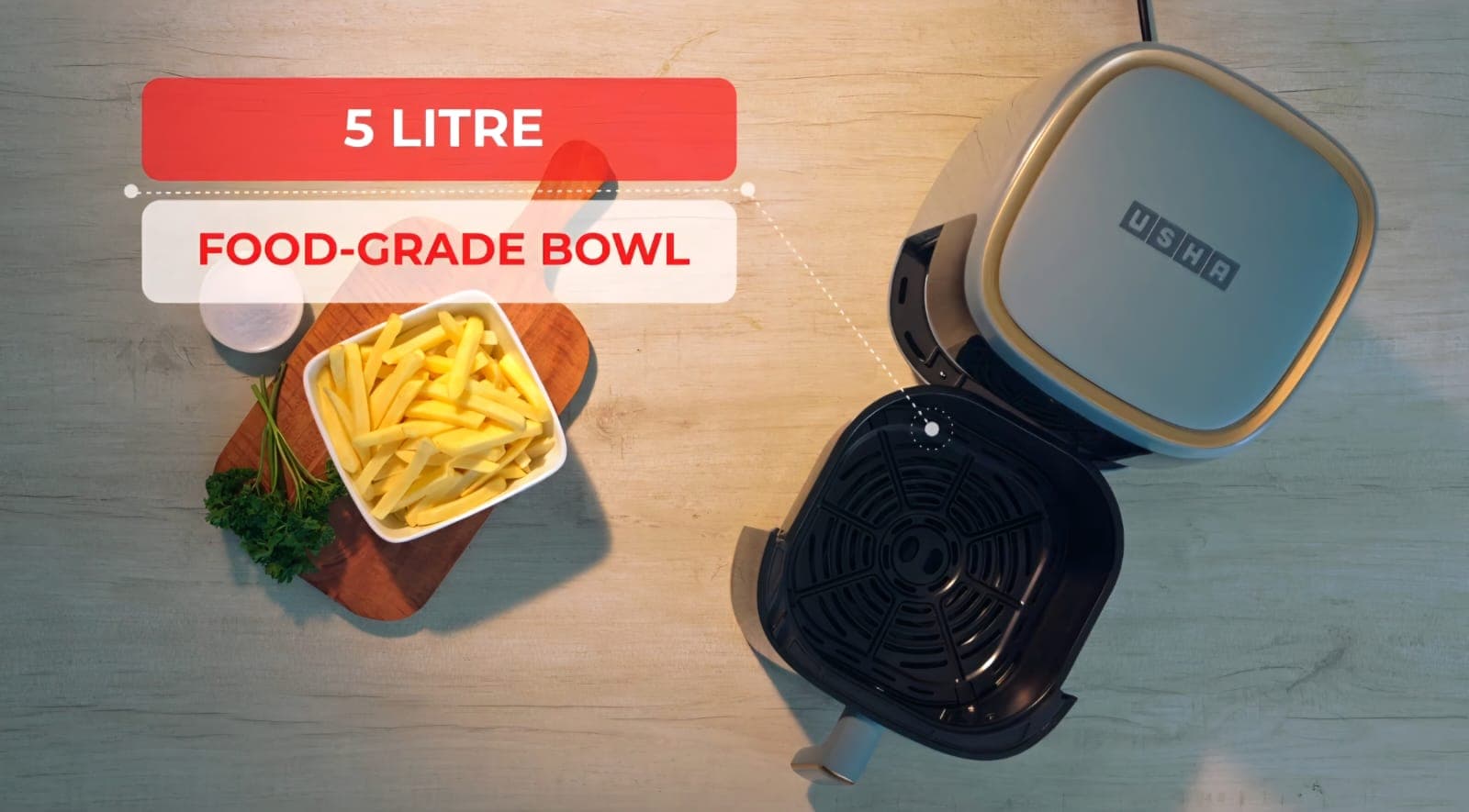 Air fryer flat-lay with feature callouts